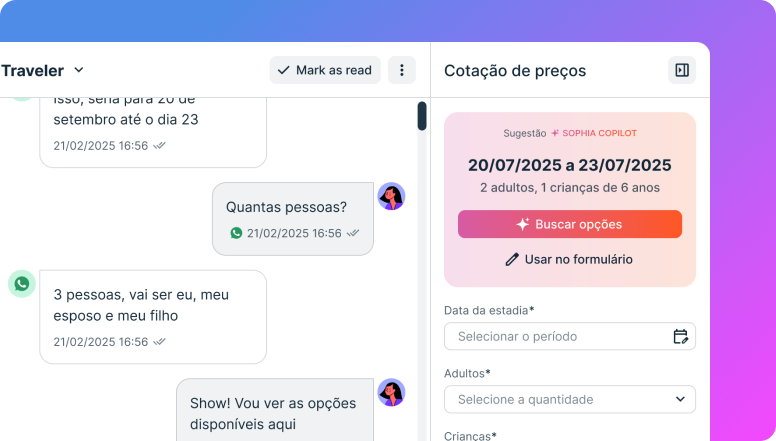 A imagem mostra a solução implementada no produto, uma gaveta lateral aberta no lado da conversa com o formulário de cotação a ser preenchido e o card com as informações sobre a cotação já identificadas pela IA.